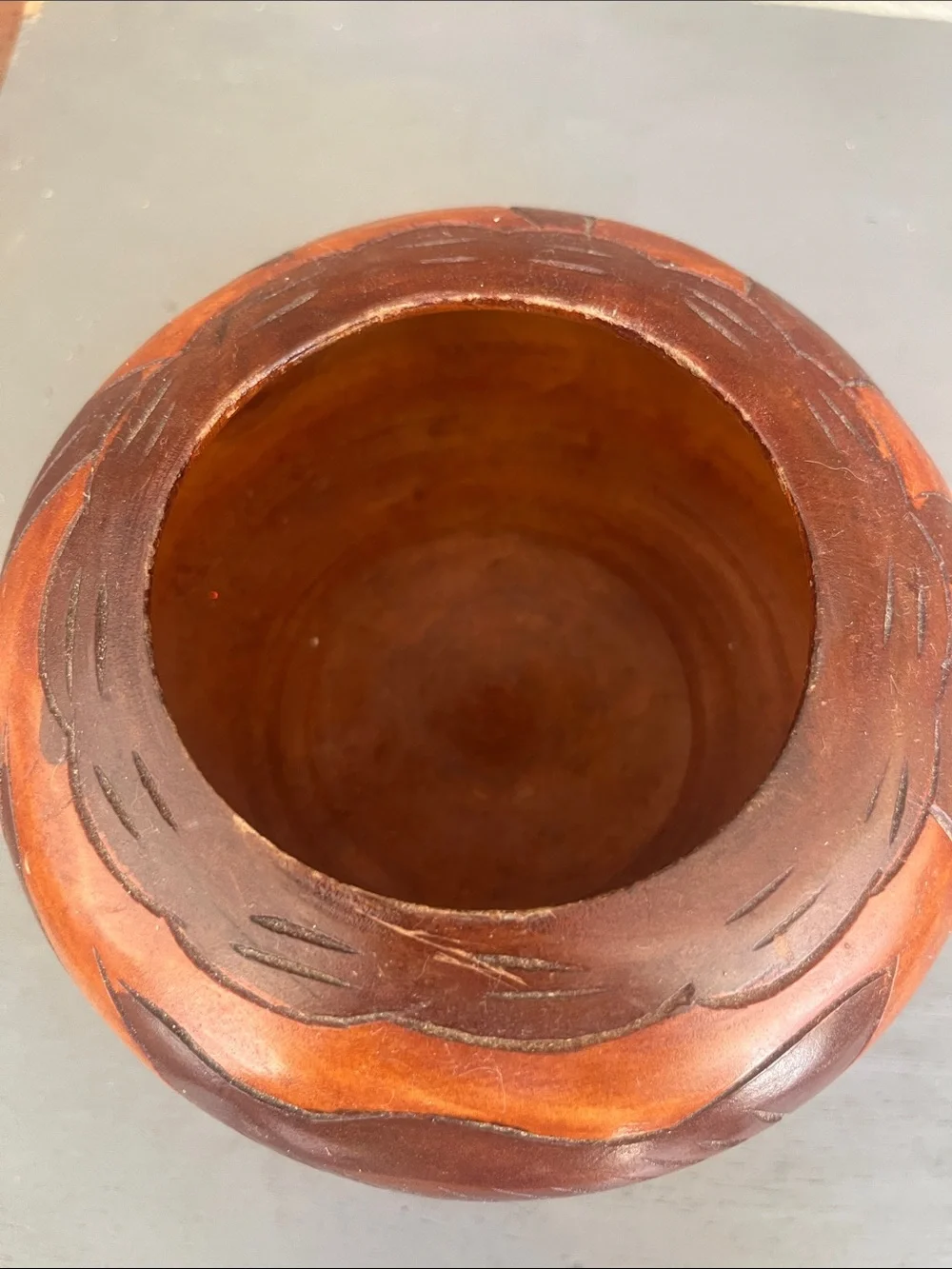 Vintage Hand-Carved Turned Wood Bowl Warm Brown Finish with Fish & Floral Design
